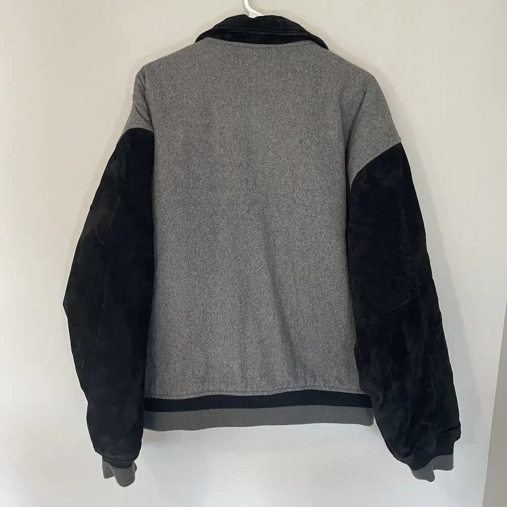 Wearguard Jacket Men Sz L Colorblock Bomber Leather‎ Wool ZipSports Black Gray